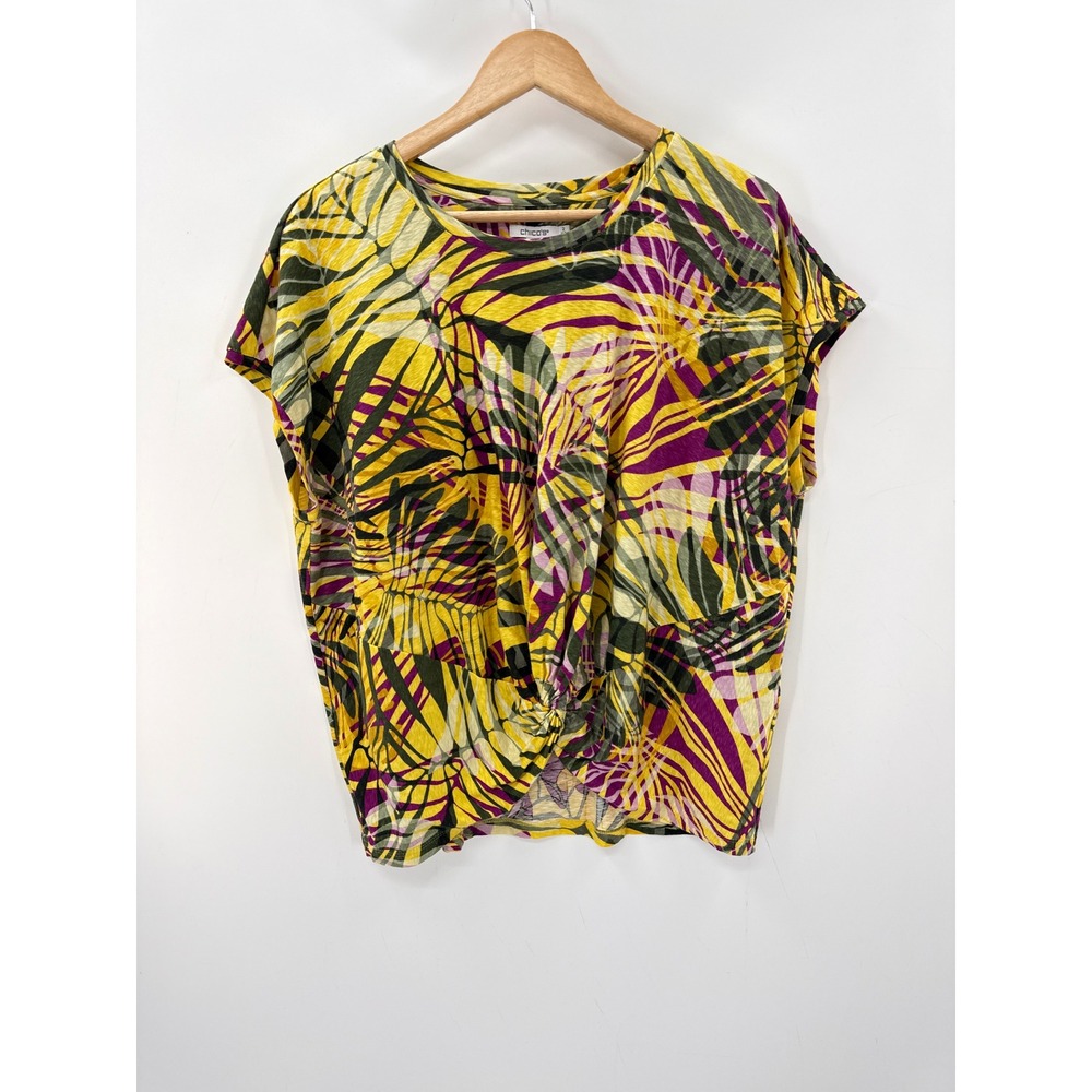 Chico's Cotton Yellow Tropical Palm Leaf Knot Front 2 (L) Resortwear Vibrant